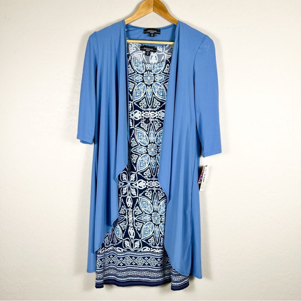 R&M Richards 2 Piece Jacket Dress Set Blue White Petite 4P NEW Necklace Included